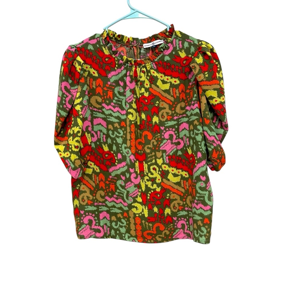 Michelle McDowell Patterned Short Sleeve Blouse Multicolor Boxy Womens M